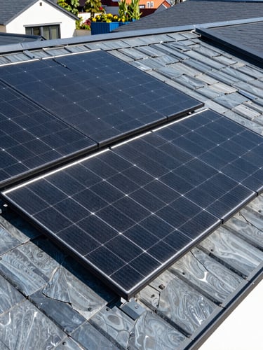 Sharp architectural photography of a modern residential roof with premium black solar panels, bright natural daylight, clean technical details, realistic blue and slate tones, 35mm
