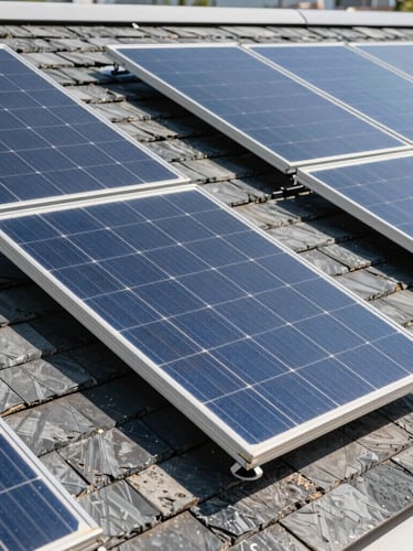 Close-up of premium monocrystalline solar panels installed on a modern slate roof, crisp daylight, architectural lines