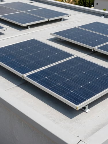 Sharp architectural photography of a modern residential rooftop solar array, clean slate-gray panels aligned precisely, crisp natural daylight with realistic shadows, technical details of mounting brackets visible, 35mm.