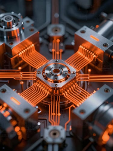 Close-up of complex industrial hardware with glowing orange circuits and brushed steel, schematic overlay, harsh studio lighting.