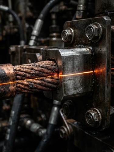 Extreme macro shot of a heavy-duty copper and brushed steel field conductor, harsh high-contrast industrial lighting, safety-orange laser line alignment, technical schematic overlay