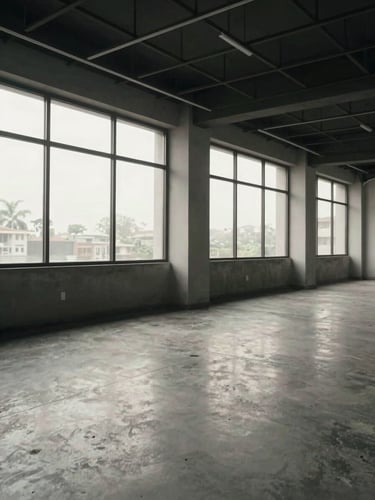 Interior wide shot of an empty ground-floor retail space in India, north-facing windows flooding the floor with soft overcast daylight, exposed ceiling grid visible overhead, polished concrete floor, column placement clear, no furniture or staging