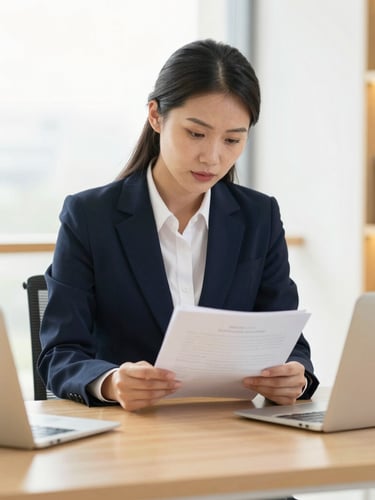 A professional legal consultant reviewing documents in a bright, modern office with soft gold lighting