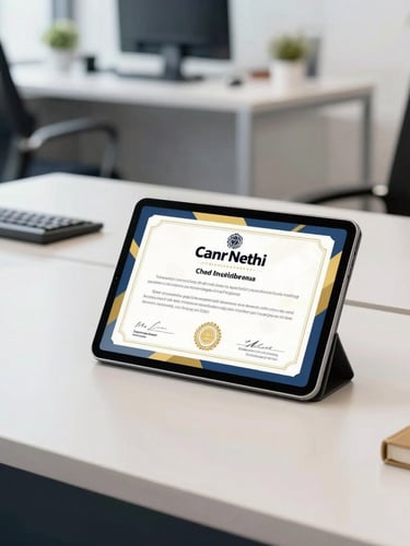 A bright, clean corporate office in New Delhi, an organized desk with a digital tablet showing a certificate, warm gold and deep navy accents, natural daylight, 35mm