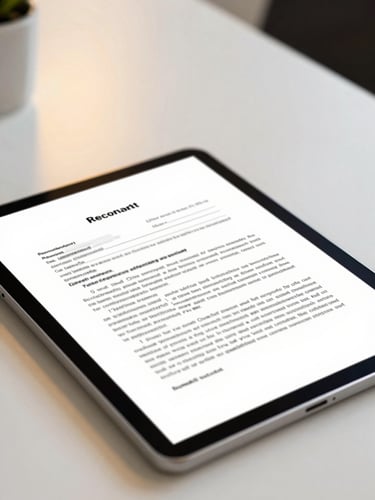 A close-up of a digital tablet displaying a signed legal document, clean corporate desk, warm gold accents, sharp focus