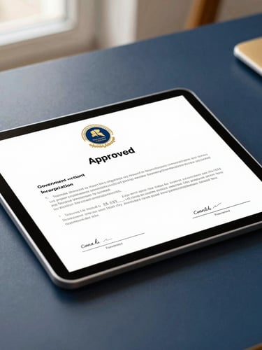 Close-up of a digital tablet displaying an approved government incorporation certificate on a clean navy-toned desk, sharp focus, warm morning light