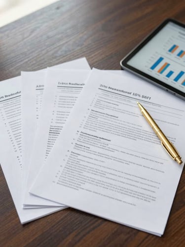 Flat-lay of neatly organized tax documents, a gold pen, and a tablet displaying clean financial charts on a dark wooden desk, bright natural office daylight, 35mm
