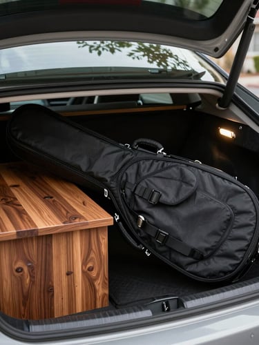 Realistic workshop photo of a standard black gig bag being carefully loaded into a clean car trunk on a neighborhood street, natural daylight