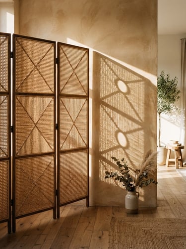 Architectural medium shot of a folding rattan screen filtering warm morning sunlight, casting soft geometric shadows on a sand-colored plaster wall, 35mm