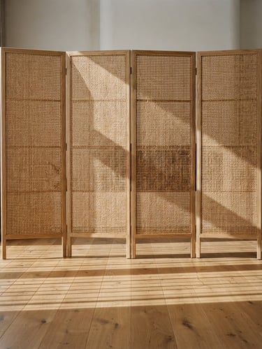 Straight-on architectural photograph of a folding rattan screen filtering warm morning sunlight, creating dramatic linear shadows on a natural oak floor, 35mm