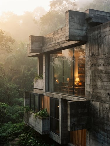Architectural close-up of a modern brutalist concrete villa facade in Lonavala, soft morning mist, warm glowing interior lights, medium format photography