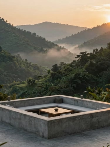 Vertical architectural portrait of a raw concrete outdoor lounge overlooking mist-shrouded green valleys, warm ambient sunset lighting
