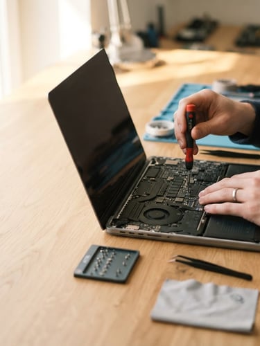 Close-up of hands carefully repairing an open MacBook on a clean light wood workbench, natural daylight filtering from a window, shallow depth of field. The repair is precise and focused, with tools neatly arranged. Generous negative space on the left.