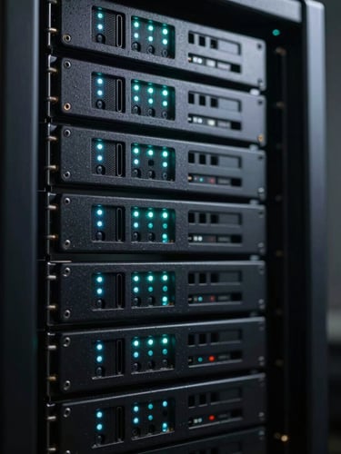 Macro close-up of high-density server racks, glowing cyan indicator lights, dark obsidian metal chassis, low-key contrast studio lighting.