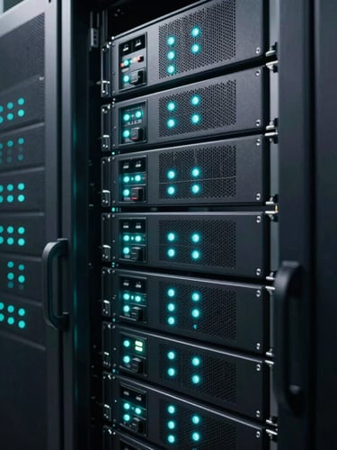 Close-up of high-density server racks in a secure facility, glowing cyan indicators, low-key dramatic studio lighting
