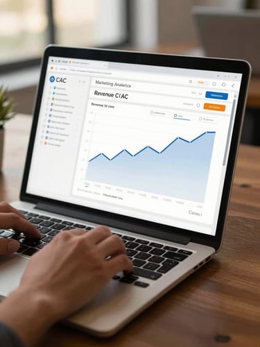 Close-up of a laptop screen showing a marketing analytics dashboard with revenue attribution charts and CAC trend lines, north-facing office daylight, hands resting at the keyboard edge, warm amber screen glow against a dark desk surface
