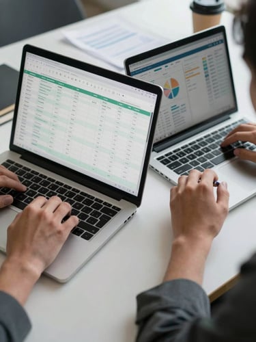 Close-up overhead angle of two people working at a shared desk, hands on laptops, a spreadsheet visible on one screen and an analytics dashboard on the other, north-facing office daylight, papers and coffee cups on the work surface