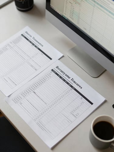Overhead angle of a work surface with a spreadsheet open on a monitor, printed revenue model sheets and a coffee cup, north-facing daylight casting soft shadows, no people visible