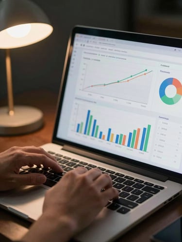 Close-up of a laptop screen displaying a live analytics dashboard with revenue attribution charts, warm desk lamp glow from the left, hands resting at the keyboard, dark office background