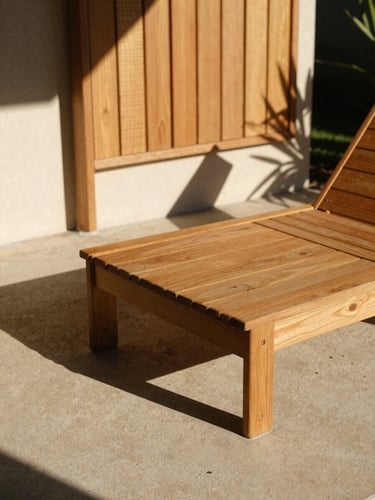 Portrait of late afternoon sunlight casting sharp geometric shadows of a privacy screen onto a warm concrete patio with a teak daybed lounge, 35mm.