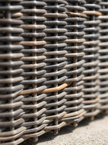 Extreme close-up of weather-resistant charcoal wicker weaving, sharp geometric shadow lines, 35mm.