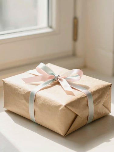A parcel wrapped in brown paper and tied with a delicate pastel ribbon sitting on a sunny doorstep, soft shadows, warm cream tones