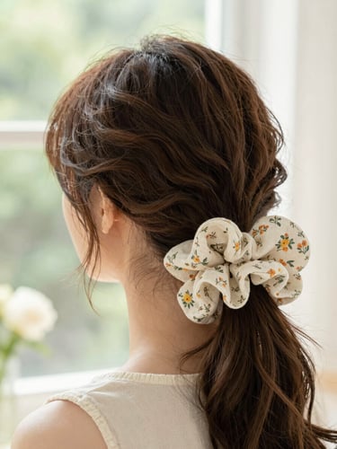 Close-up portrait of a woman wearing a soft-spun linen floral scrunchie in a half-up hairstyle, bright diffused garden sunlight, 35mm