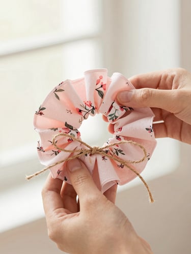 Hands carefully wrapping a delicate pink floral scrunchie in soft tissue paper, tied with a rustic twine bow, bright natural light, shallow depth of field.