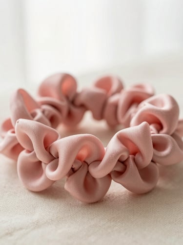 Macro close-up of a soft rose-toned floral hair tie woven into a loose, messy braid, bright diffused window light, warm cream linen background, shallow depth of field, 35mm