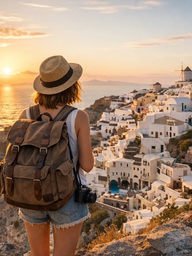 A female traveler with a backpack looks at the Oia sunset over Santorini white buildings and windmills.