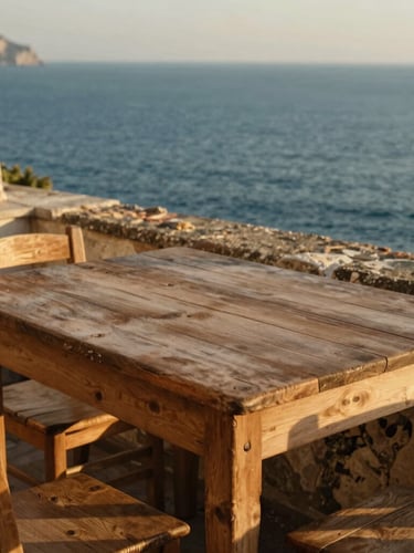 A rustic wooden table overlooking the deep blue sea in Amalfi, warm golden hour light, soft shadows, weathered stone wall, shallow depth of field, 35mm photography