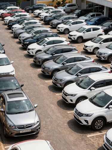 Wide panoramic view of an organized car dealership lot in Bengaluru, multiple sedans and SUVs parked in neat rows under bright north-facing daylight, clean tarmac surface, no people, honest and unstaged