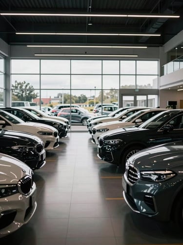 Wide interior shot of a clean car showroom under natural daylight from large windows, multiple vehicles parked in organized rows on a polished floor, no people, overcast daylight from the left
