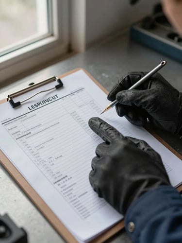 Close-up of an automotive inspection report document on a metal clipboard, mechanic's gloved hand pointing to a checklist entry, natural overcast window light from the left, organized workshop bench visible in soft background
