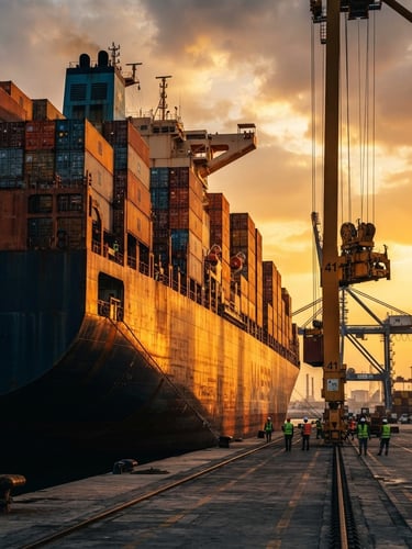 Low-angle cinematic shot of a massive container ship docked at a modern industrial port in Saudi Arabia, dramatic golden-hour sunlight reflecting off metallic shipping containers, high contrast navy and orange tones.