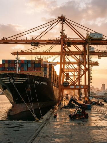 Low-angle cinematic industrial photography of a massive container ship docked at a modern GCC port during golden hour, high-contrast steel hulls and orange gantry cranes, 35mm lens