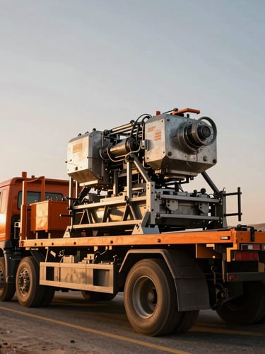 Low-angle close-up of secured industrial machinery on a heavy-duty flatbed truck on a desert highway during golden hour, high-contrast steel and orange tones.