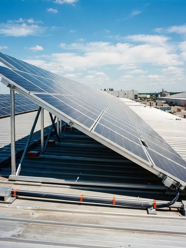 Low-angle heroic shot of an industrial solar panel array on a metal roof under bright daylight, crisp shadows, sharp engineering details, 35mm.