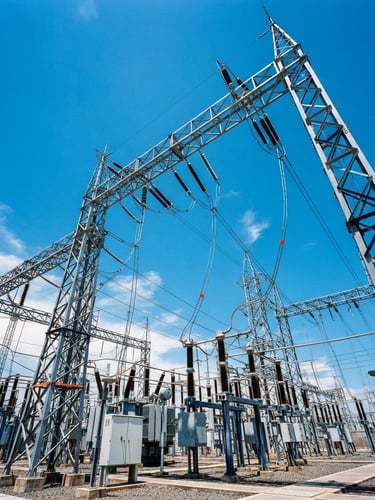 Low-angle heroic shot of a high-voltage electrical substation with steel gantry structures against a bright blue Mexican sky, sharp industrial photography, 35mm