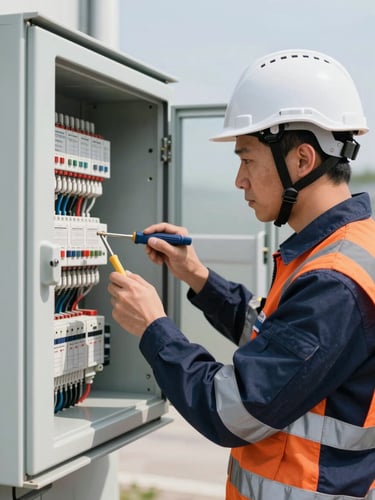 Technical electrical engineer in clean branded safety gear and helmet inspecting a distribution panel with precise tools, bright daylight, sharp industrial photography