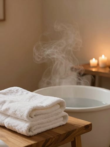 Serene minimalist treatment room, soft diffused natural light, warm sand and terracotta tones, folded white cotton towels on a wooden table, steam rising from a warm foot soak
