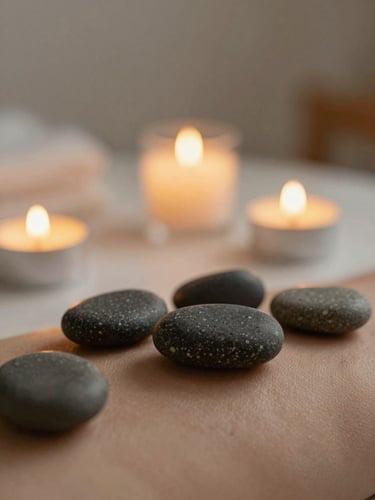 Close-up of smooth basalt stones resting on skin under warm candle glow, soft-lit minimalist treatment room, shallow depth of field