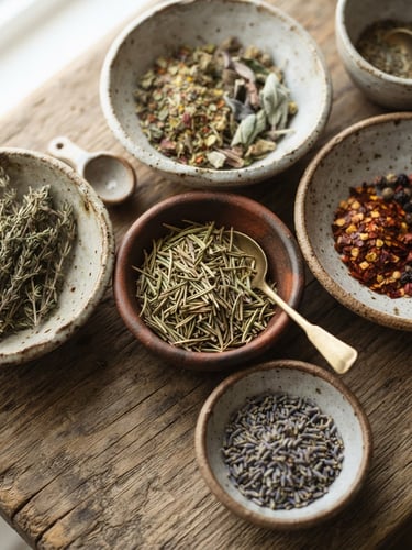 Tactile overhead shot of dried organic herbs in handmade ceramic bowls, soft morning window light, warm earthy tones, macro depth of field.