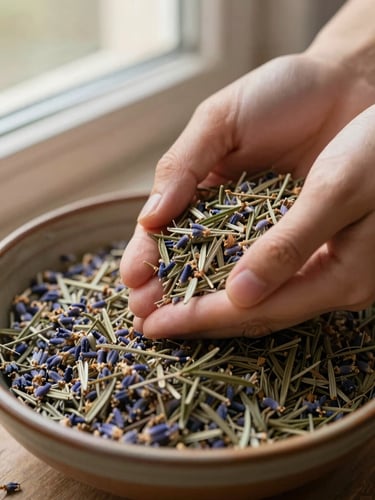 Hands gently handling dried lavender and rosemary leaves in a rustic ceramic bowl, soft warm window light, close-up texture