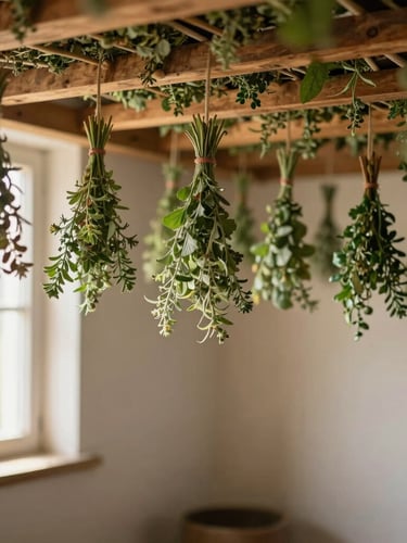 Wide shot of a rustic drying room, bundles of wild herbs hanging from wooden beams, soft warm sunlight streaming through a side window