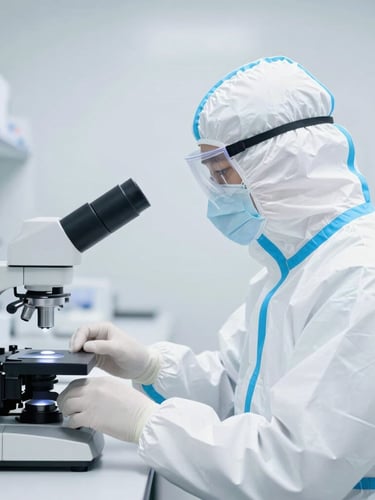 A professional medical pathologist in clean protective gear operating a digital interface in a sterile clinical laboratory, bright high-key white light, cool undertones, sharp focus, 35mm