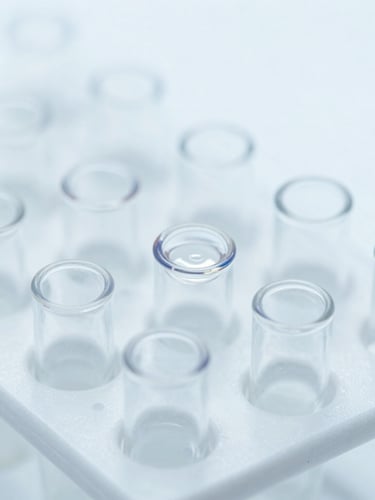 Macro close-up of clear PCR specimen vials arranged in a sterile rack, bright high-key white light with cool slate blue undertones, sharp focus on liquid meniscus