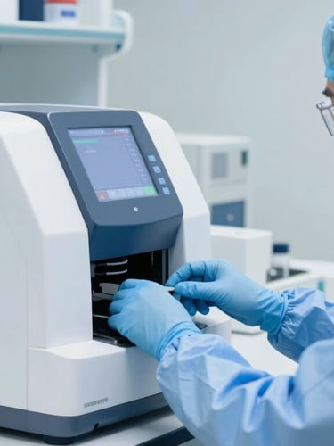 A clinical laboratory technician in clean blue protective gear operating a digital interface on a high-throughput automated blood analyzer, sterile laboratory environment, cool tones