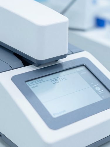 Macro close-up of a digital interface on a high-throughput automated analyzer in a pristine sterile laboratory, cool white and slate blue tones, sharp focus, 35mm