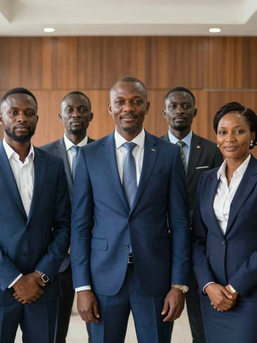 Crisp portrait of the Dreamworld executive team in a modern office in Cameroon, professional attire, natural lighting, editorial 35mm